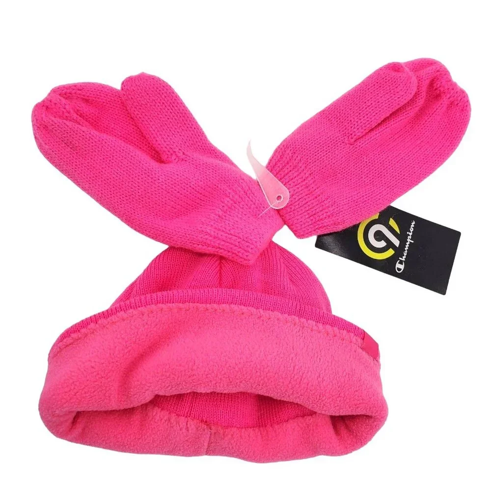 3 Piece Champion Kids Matching Set Girls Beanie Mittens Knit Outdoor Winter Snow